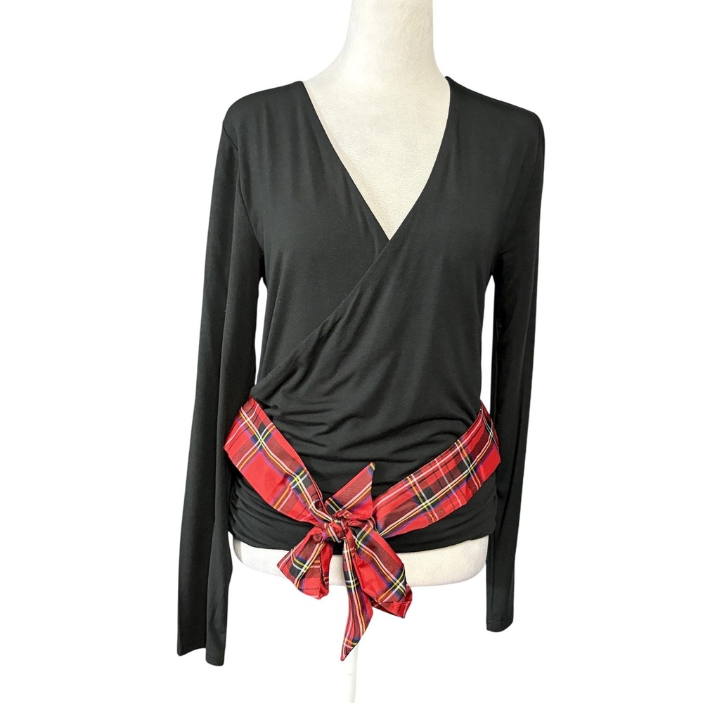 J.CREW Shirt Womens M Black Wrap V Neck Plaid Tie Waist Long Sleeve Top BM345
